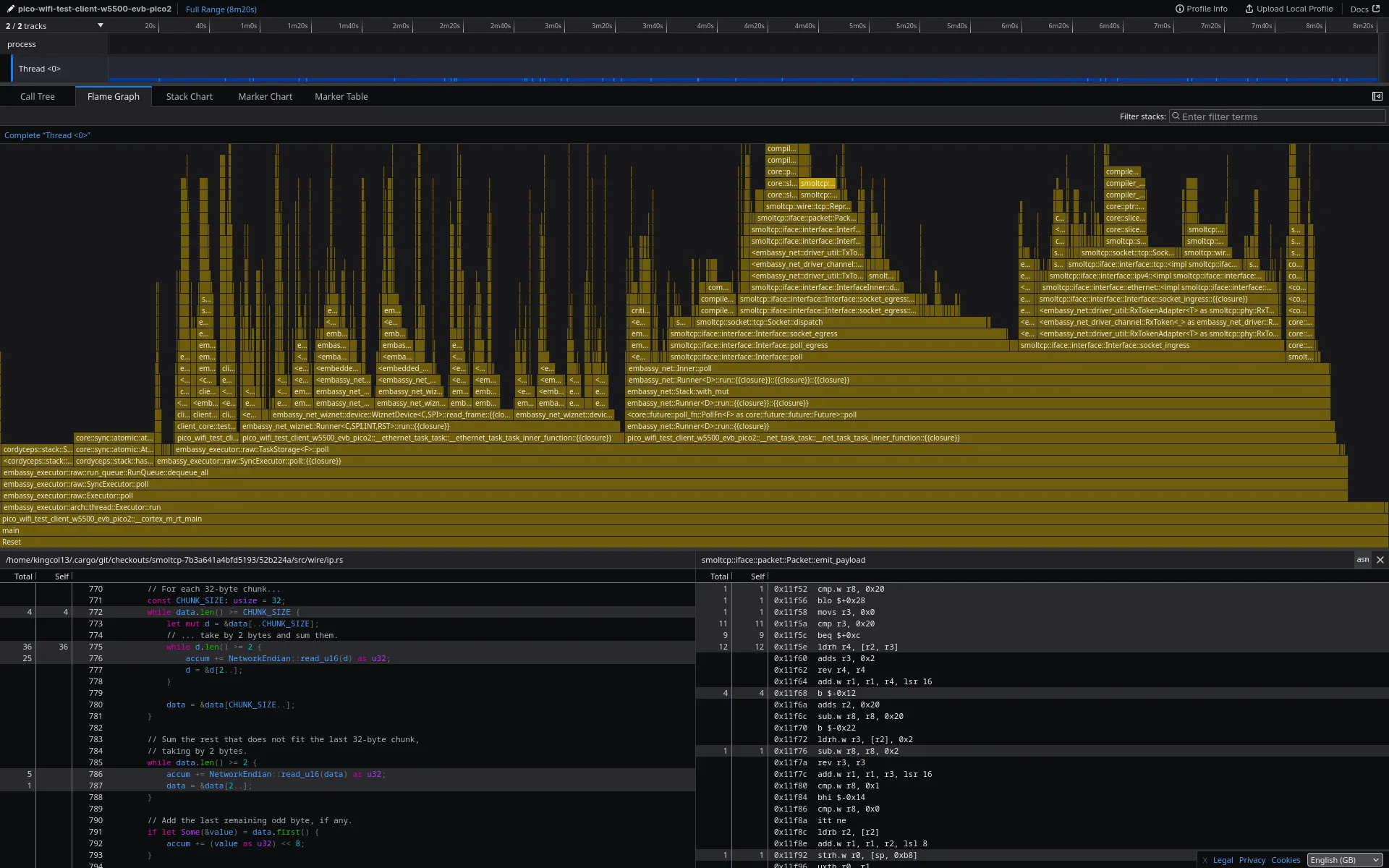 flamegraph open in firefox profiler with source listing and assembly panes
open